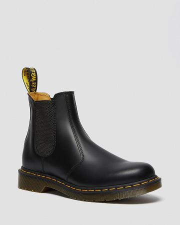 Black Men's Dr Martens 2976 Yellow Stitch Smooth Leather Ankle Boots | CA 430NWY